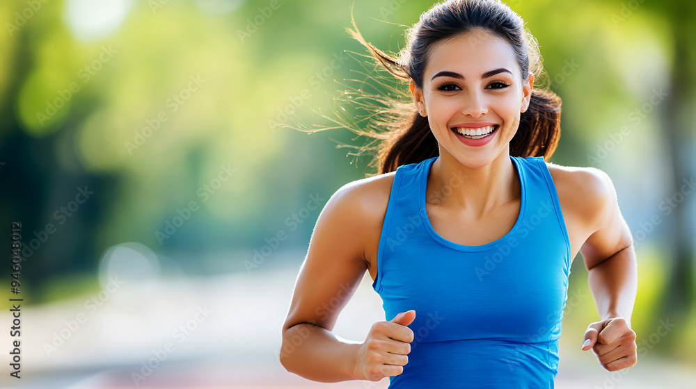 Fototapeta premium Happy young woman in blue tank top runs on a stadium track, emphasizing speed and endurance in a high-performance sports setting. Copy space.