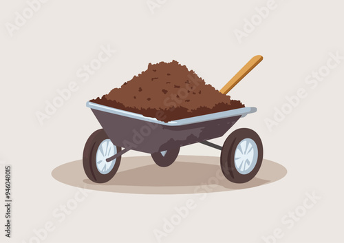 vector illustration of a wheelbarrow filled with soil. Ideal for gardening guides, landscaping services, and outdoor product advertisements.