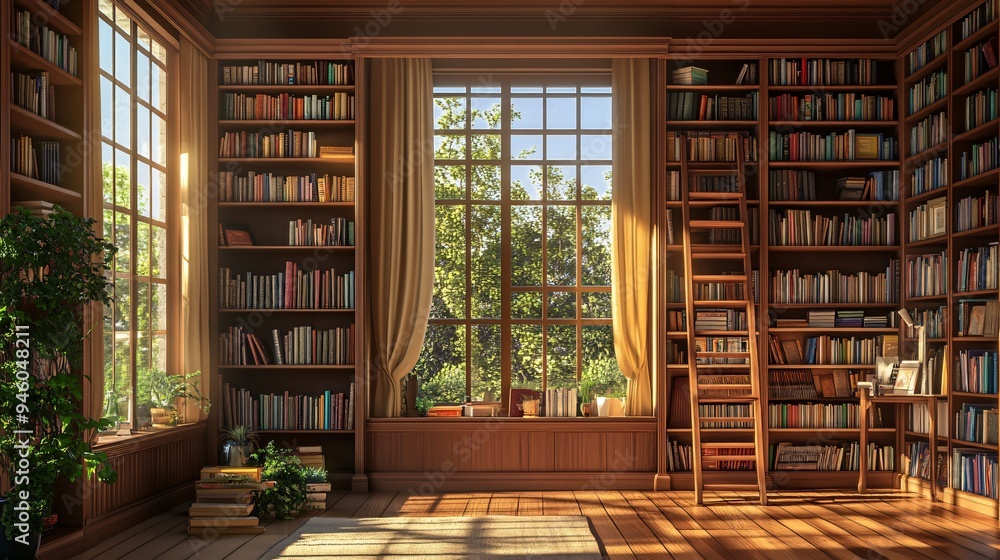 Cozy Home Library Interior with Wooden Ladder and Collection Cozy Home Library Interior with Wooden Ladder and Collection