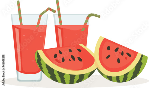 A vector illustration featuring two glasses of refreshing watermelon juice with straws, accompanied by slices of watermelon. This image is ideal for use in summer-themed designs, food blogs