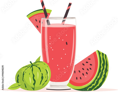 vector illustration of a glass of fresh watermelon juice with watermelon slices around it. Ideal for summer-themed designs, food blogs, and juice bar promotions.