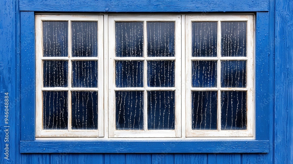 A clear photo of a blue window with raindrops on the pane and a cat perched on the ledge A clear photo of a blue window with raindrops on the pane and a cat perched on the ledge
