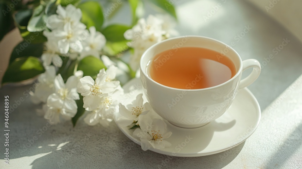 Jasmine Tea and Flowers on Light Grey Table Jasmine Tea and Flowers on Light Grey Table