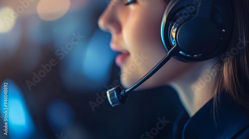 Professional hotline operator working with headset in modern office setting