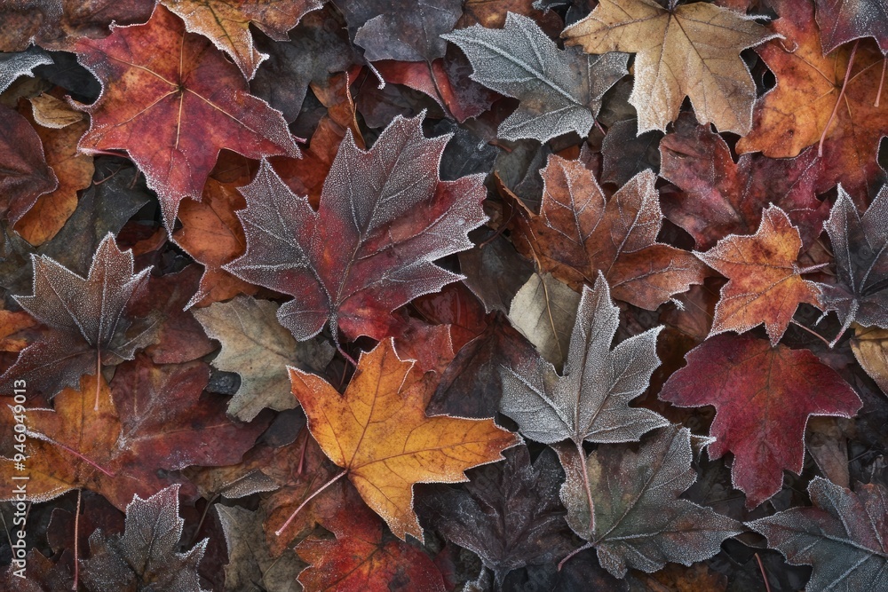 Frost-Covered Autumn Leaves in a Close-Up Frost-Covered Autumn Leaves in a Close-Up