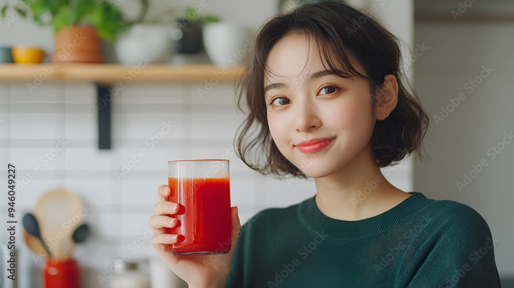 Young Asian woman drinks a vibrant red tomato juice in a kitchen, emphasizing the freshness and health benefits of plant-based options. Young Asian woman drinks a vibrant red tomato juice in a kitchen, emphasizing the freshness and health benefits of plant-based options.