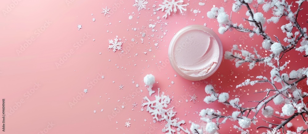 Winter skin care and cosmetic products on a pink background. Copy space image. Place for adding text and design Winter skin care and cosmetic products on a pink background. Copy space image. Place for adding text and design