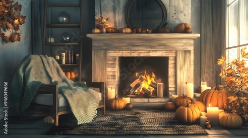 5 Rustic autumn living room fireplace crackling wood throw blanket pumpkins candles soft lighting