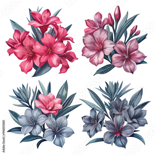 Painterly Style Arrangements of Pink and Blue Oleander Flowers with Leaves
