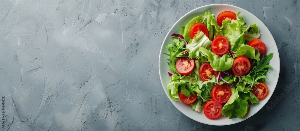 Green salad with tomatoes and fresh vegetables in a white bowl on a grey background Top view. Copy space image. Place for adding text and design Green salad with tomatoes and fresh vegetables in a white bowl on a grey background Top view. Copy space image. Place for adding text and design