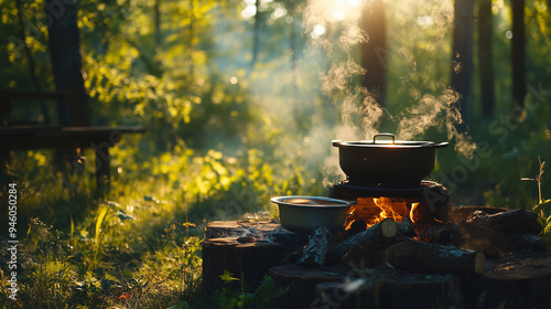 Outdoor barbecue on wood. Cooking over a fire for a hike. Pot over fire outdoors. The romance of wild tourism and food in the camp. Nature hike at sunset. AI generation