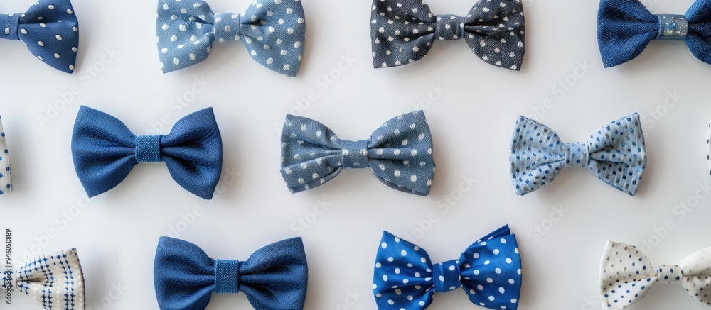 Spotted bow ties in blue white and patterned designs captured from above arranged at the edge of a white background. Copy space image. Place for adding text and design Spotted bow ties in blue white and patterned designs captured from above arranged at the edge of a white background. Copy space image. Place for adding text and design
