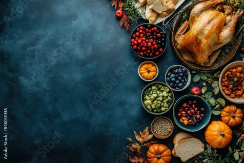 Thanksgiving Dinner Spread with Roasted Turkey and Fall Produce