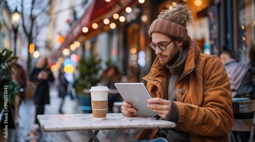 A young adult sitting at an outdoor cafÃ©, sipping coffee and typing notes on a tablet while observing passersby