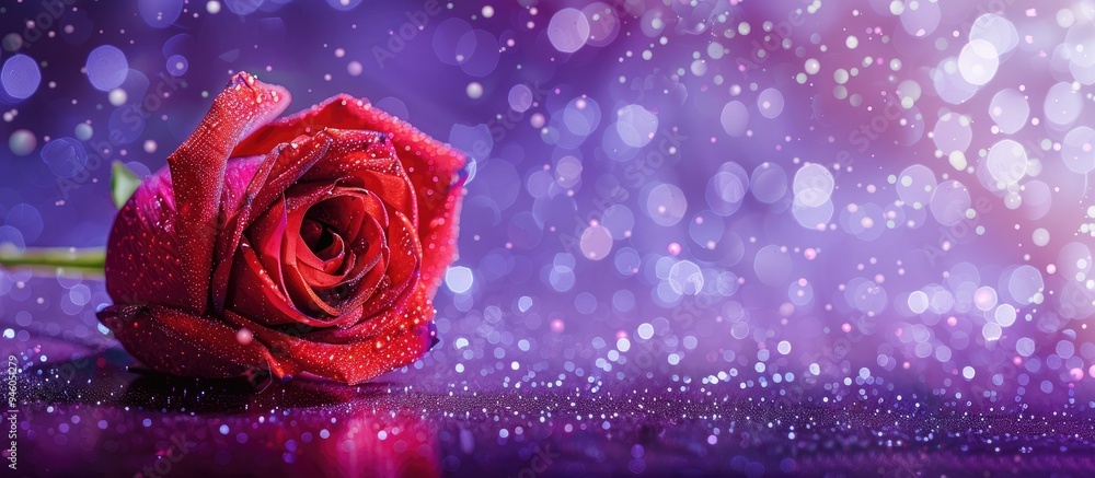 Fototapeta premium Red rosebud on a sparkling purple background Copyspace