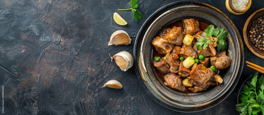 Chinese cuisine featuring pork liver and ginger for a healthy meal. Copy space image. Place for adding text and design Chinese cuisine featuring pork liver and ginger for a healthy meal. Copy space image. Place for adding text and design