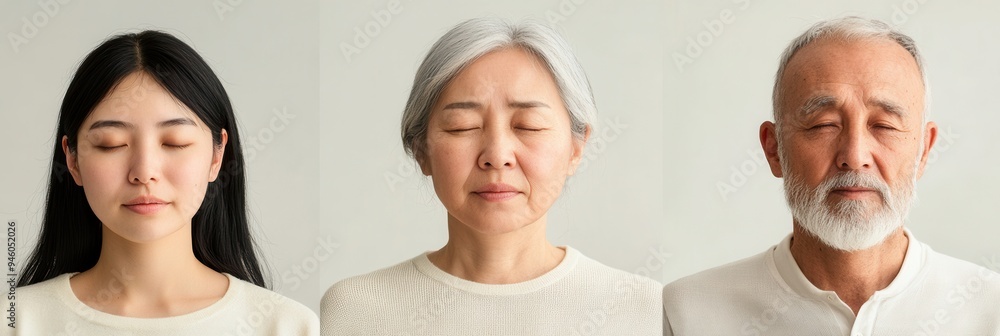 Three individuals of different ages and backgrounds sit calmly with their eyes closed, embodying peace and focus in a tranquil indoor setting. Generative AI Three individuals of different ages and backgrounds sit calmly with their eyes closed, embodying peace and focus in a tranquil indoor setting. Generative AI
