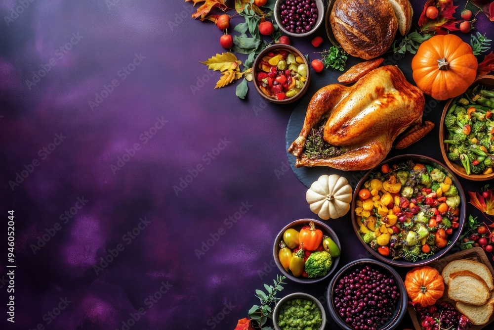 Thanksgiving Dinner Table Setting with Roasted Turkey and Side Dishes Thanksgiving Dinner Table Setting with Roasted Turkey and Side Dishes