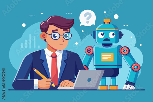 AI Artificial Intelligence work with human, robot or automation to help success, robot to replace human employment, job uncertainty concept, frustrated businessman working with pencil with AI robot
