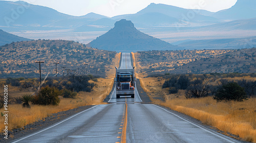 The truck is driving along a highway against the backdrop of a beautiful desert and mountain landscape. Background for design. Cargo transportation concept.