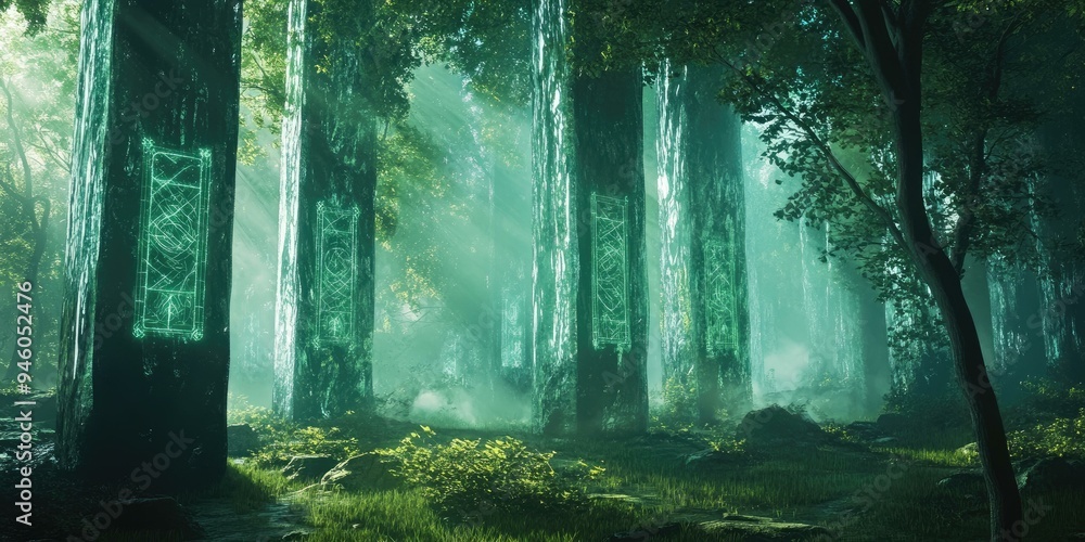 Fototapeta premium Mysterious glowing runes on trees in a misty forest.