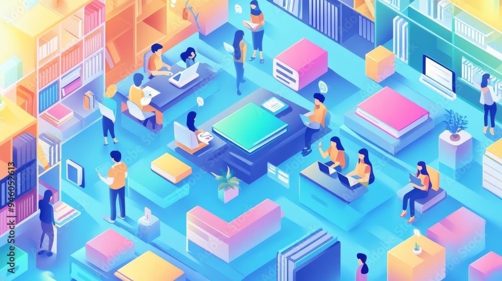 Diverse Group of People Studying in a Library with Books and Technology Diverse Group of People Studying in a Library with Books and Technology