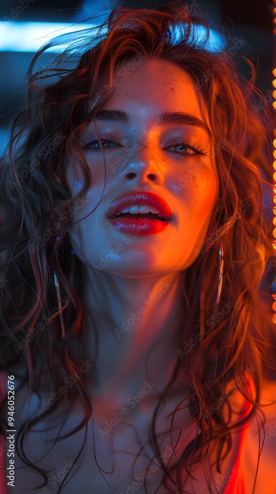 Beautiful woman poster with wavy hair, wet skin and full lips in close-up, colorful light waves on her face Beautiful woman poster with wavy hair, wet skin and full lips in close-up, colorful light waves on her face