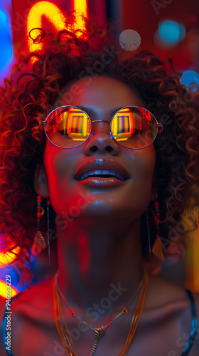 Beautiful black woman poster with curly hair, wet skin and full lips in close-up, colorful light waves on her face 