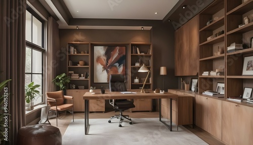 A modern home office with a wooden desk, leather chair, and shelving units on the walls. The room has a warm, cozy atmosphere with a large abstract painting on the wall