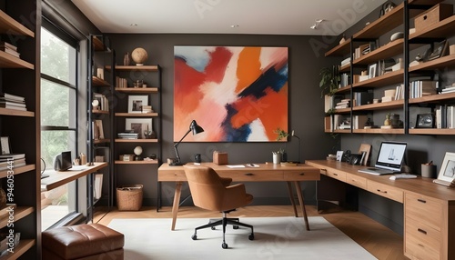 A modern home office with a wooden desk, leather chair, and shelving units on the walls. The room has a warm, cozy atmosphere with a large abstract painting on the wall