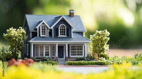 A close-up of a detailed house model with a focus on the front entrance and windows.