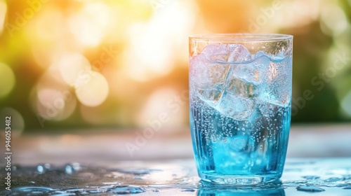 Close up of a Glass of Ice water placed on a wooden table, perfect copy space background. Ai generated image