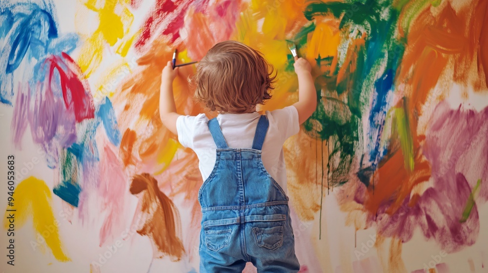 Creative Little Child Painting Mural on Colorful Wall Creative Little Child Painting Mural on Colorful Wall