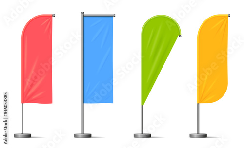Realistic beach flags, white banner stand isolated vector mockup.