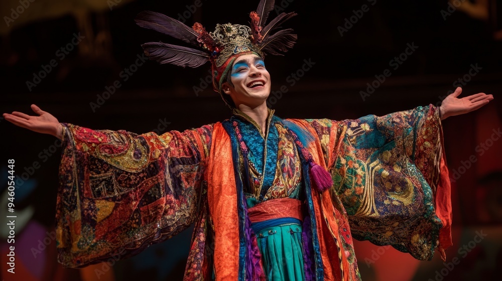 Actor in vibrant Art Nouveau costume performs on stage, showcasing theatrical artistry and emotion Actor in vibrant Art Nouveau costume performs on stage, showcasing theatrical artistry and emotion