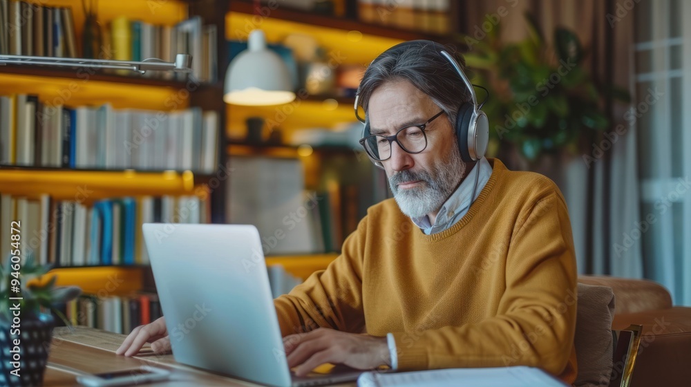 An adult engaged in an online course, attentively watching video lectures and participating in discussion forums to enhance their learning An adult engaged in an online course, attentively watching video lectures and participating in discussion forums to enhance their learning