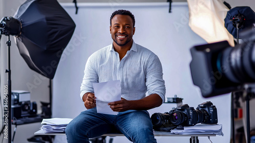 An African American male photographer sits on his table, holding a paper. photo