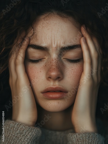 A young woman sits quietly with her eyes shut tightly, hands on her head, conveying deep stress and anxiety in a low-light room. Generative AI