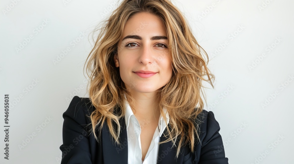 Confident young businesswoman in suit and white shirt with arms crossed, smiling brightly Confident young businesswoman in suit and white shirt with arms crossed, smiling brightly