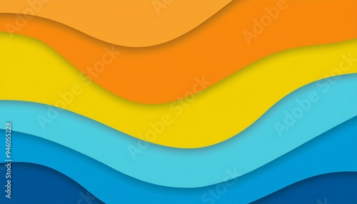 Vibrant Colorful Curves Background, Artistic Display of Color Spectrum and Paper Texture, abstract color stripe pattern, graphic, yellow, orange, blue palette.