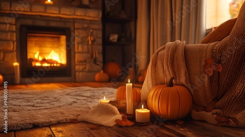 47 Warm autumn living room fireplace crackling wood throw blanket pumpkins candles soft lighting