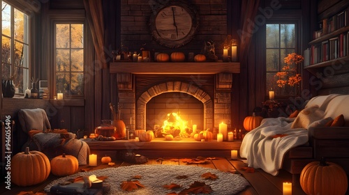 47 Warm autumn living room fireplace crackling wood throw blanket pumpkins candles soft lighting