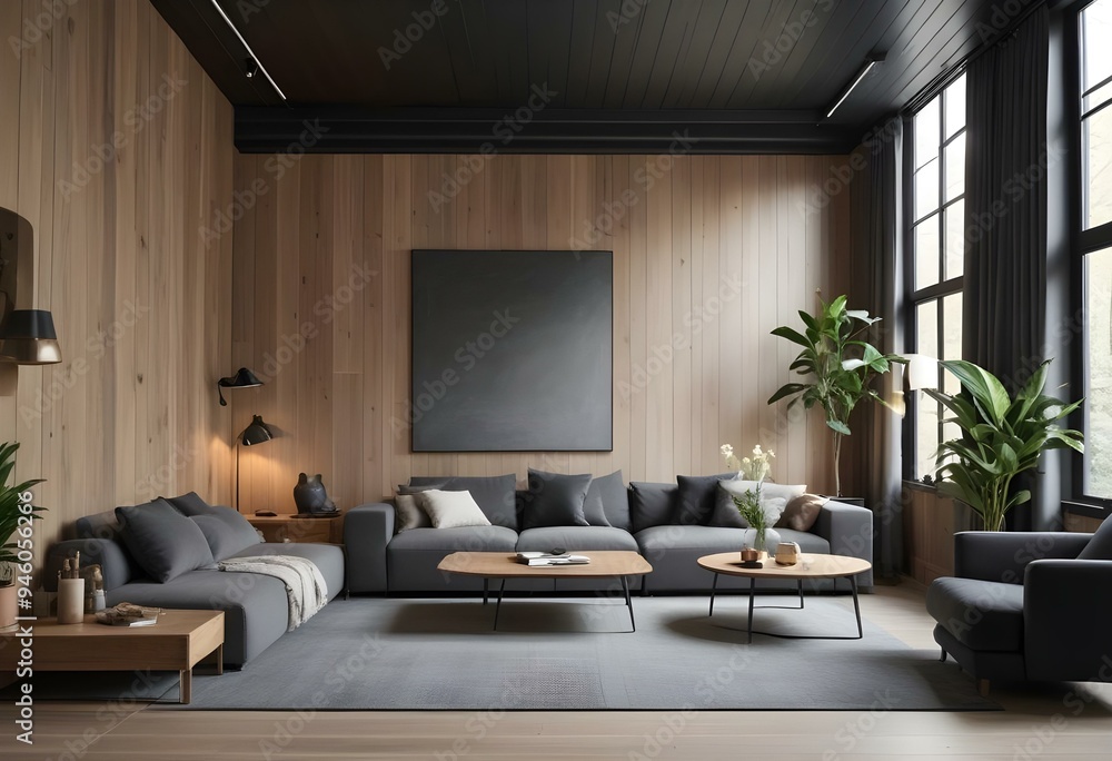 A modern and cozy living room with a large gray sectional sofa, a low wooden coffee table, and a potted plant in the corner. A modern and cozy living room with a large gray sectional sofa, a low wooden coffee table, and a potted plant in the corner.