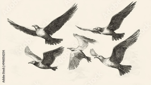 Antique engraved illustration depicting various birds in flight amidst a tranquil sky photo