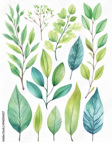 Set of spring leaves.  watercolor Vector illustration
