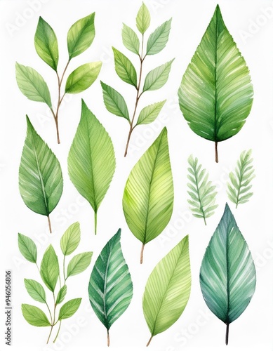 Set of spring leaves.  watercolor Vector illustration