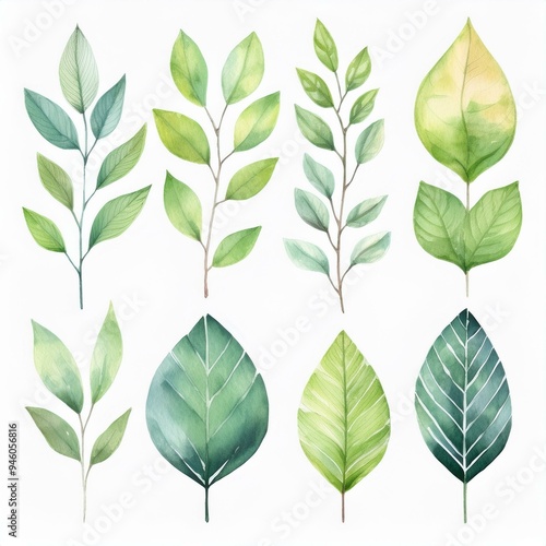 Set of spring leaves.  watercolor Vector illustration