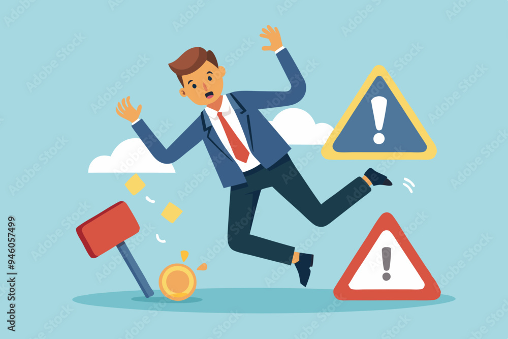 Caution or mistake attention, risk alarm with exclamation point symbol, error or failure warning, bankruptcy notice alert, problem attention concept, frustrated businessman fall under attention sign.
Caution or mistake attention, risk alarm with exclamation point symbol, error or failure warning, bankruptcy notice alert, problem attention concept, frustrated businessman fall under attention sign.