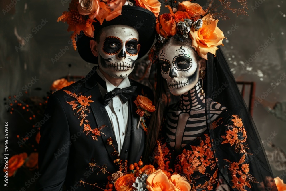 Romantic zombie or skeleton couple in dressed in wedding clothes. Romantic zombie or skeleton couple in dressed in wedding clothes.