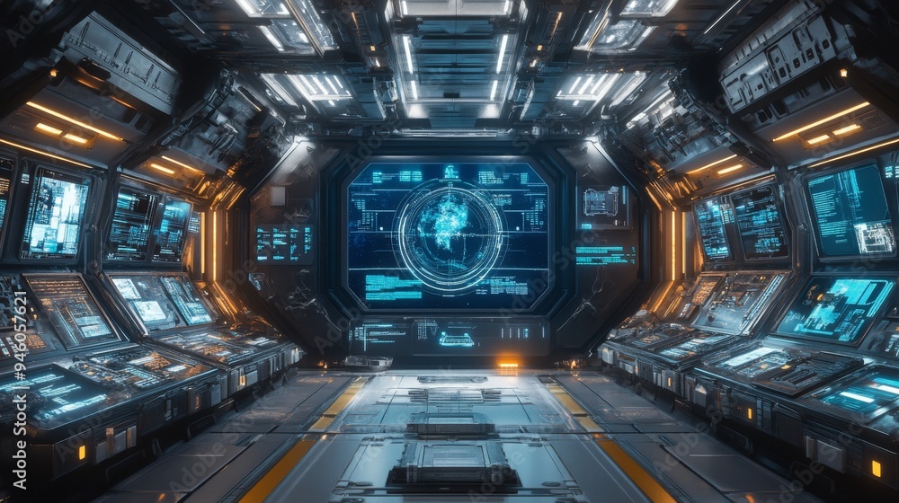 Futuristic Spaceship Interior with Digital Displays and Control Panel Futuristic Spaceship Interior with Digital Displays and Control Panel